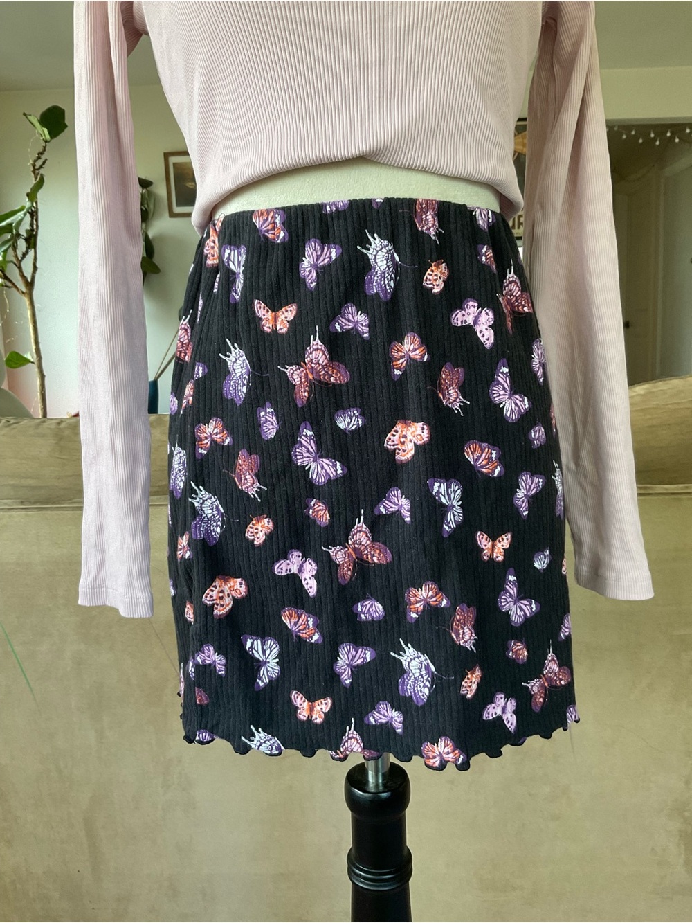 🦋Cute Butterfly Print Ribbed Knit Mini Skirt Black Purple Y2K Fairycore Large